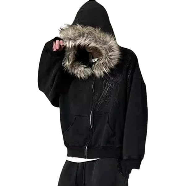 ITHAFE Y2k Zip Up Hoodie Fur Hooded Jacket Warm Winter Coat